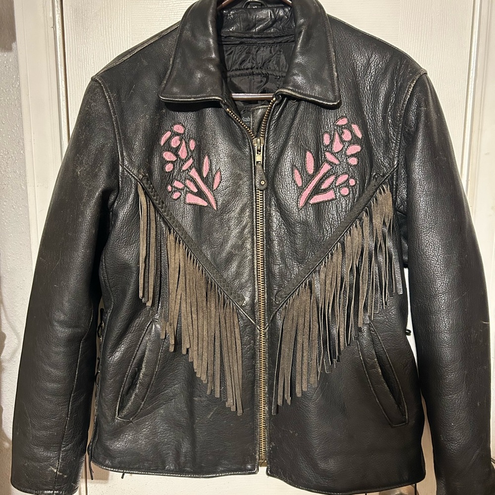 Black Leather Fringe Jacket with Pink Accents